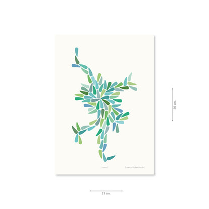 Productafbeelding poster "dansia (blauw-groen)" met aanduiding van het formaat erop weergegeven 21 x 30 cm