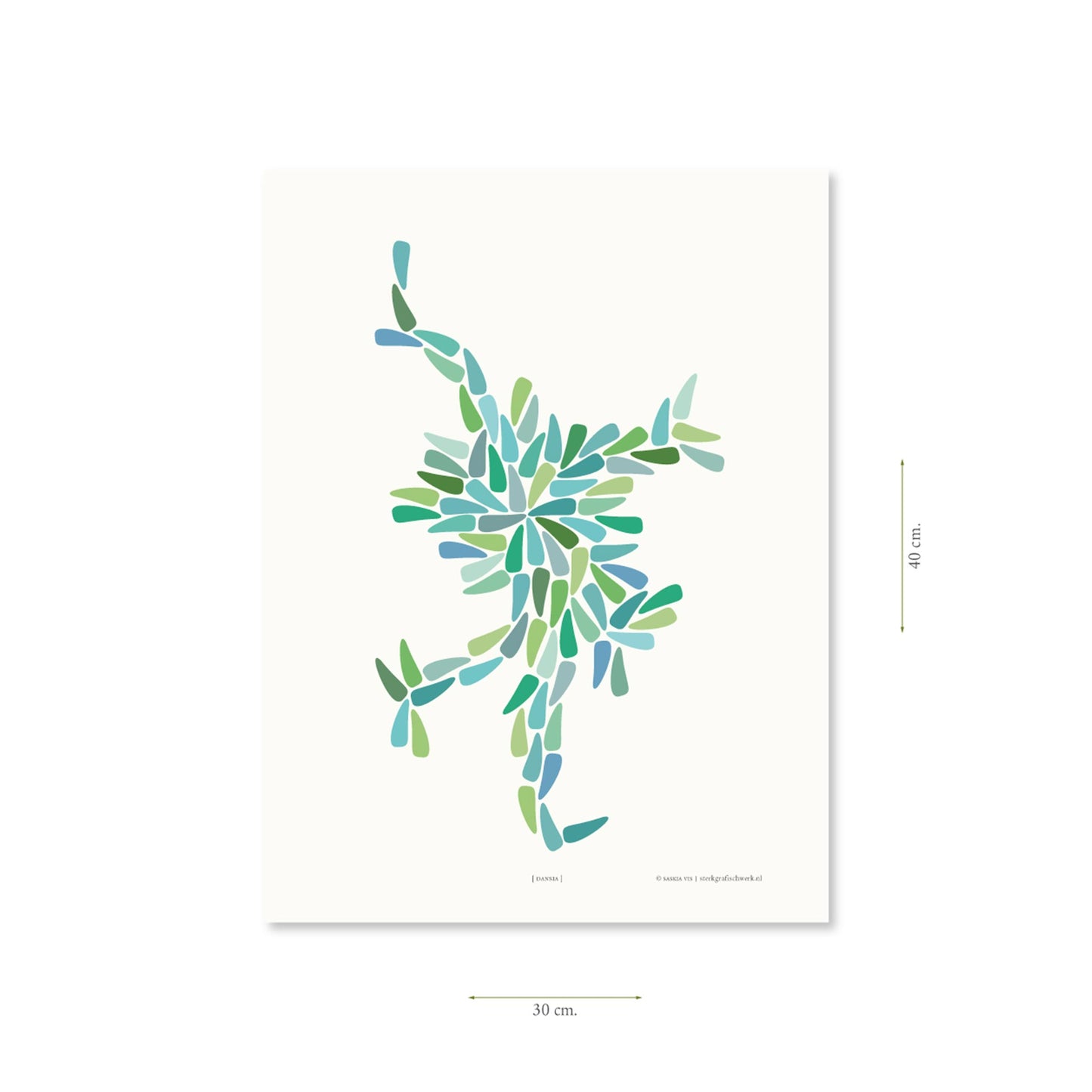 Productafbeelding poster "dansia (blauw-groen)" met aanduiding van het formaat erop weergegeven 30 x 40 cm