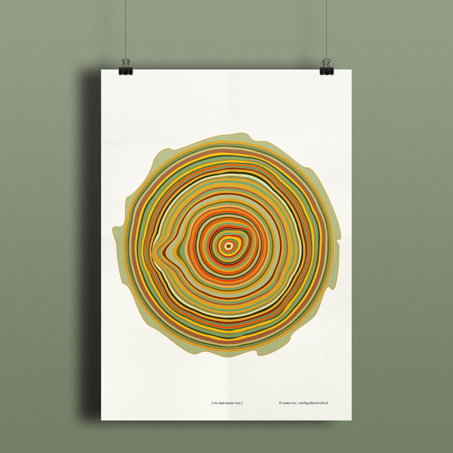 Productafbeelding poster "de kijk-boom tijd" hangend aan een gekleurde wand, een overzicht foto