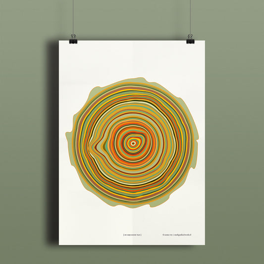 Productafbeelding, poster "de kijk-boom tijd", hangend aan een warm groen gekleurde wand, een overzichtsfoto