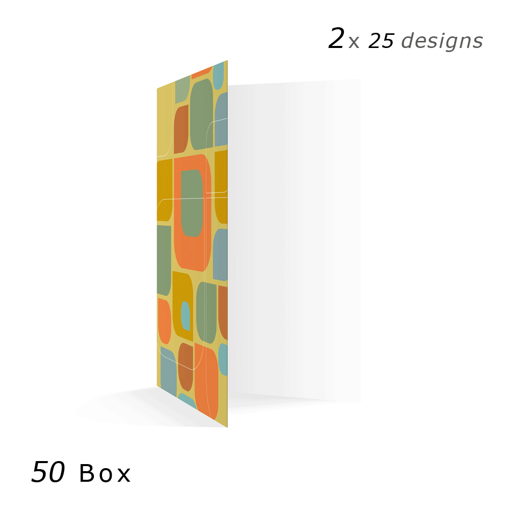 Productafbeelding "Business Box 50x Wenskaarten-compleet" een aantal voorbeelden van wenskaarten, openstaand rechtop met ook zicht op de (blanco) binnenzijde