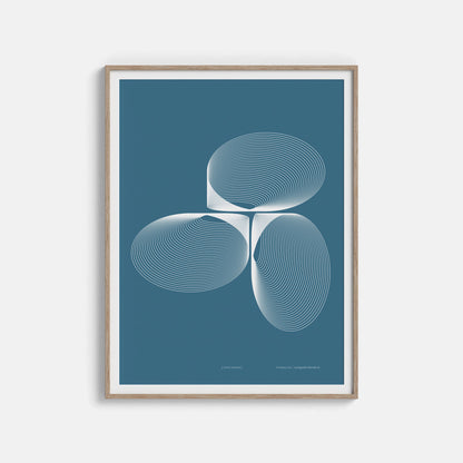Productafbeelding poster "licht-blauw" ingelijst met passe-partout hangend aan een witte wand, een overzicht foto 