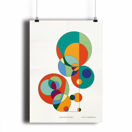 Productafbeelding, poster "kleur-acrobaat met cirkels", hangend aan een witte wand, een overzichtsfoto