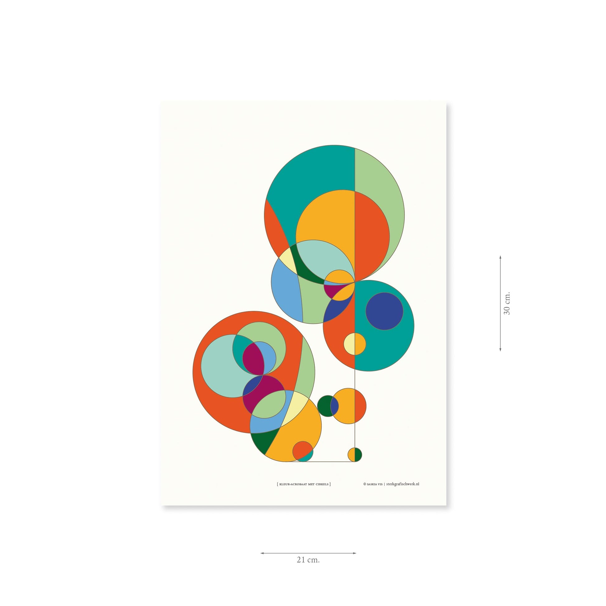 Productafbeelding poster "kleur-acrobaat met cirkels" met aanduiding van het formaat erop weergegeven 21 x 30 cm