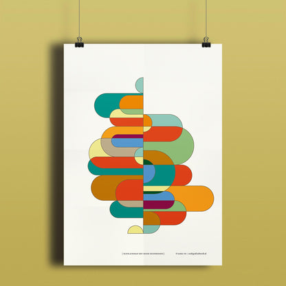 Productafbeelding poster "kleur-acrobaat met ronde rechthoeken" hangend aan een gekleurde wand, een overzicht foto