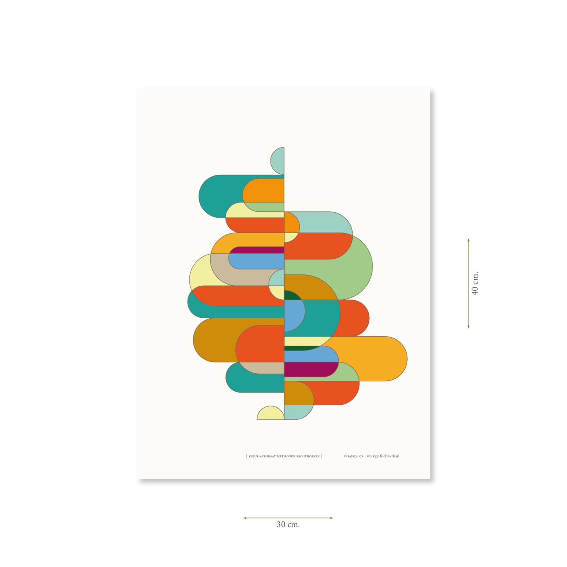 Productafbeelding poster "kleur-acrobaat met ronde rechthoeken" met aanduiding van het formaat erop weergegeven 30 x 40 cm