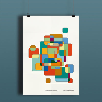 Productafbeelding poster "kleur-acrobaat met vierkanten" hangend aan een gekleurde wand, een overzicht foto 