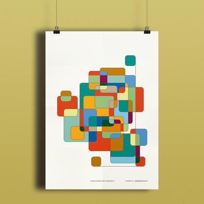 Productafbeelding poster "kleur-acrobaat met vierkanten" hangend aan een oker gekleurde wand, een overzicht foto 