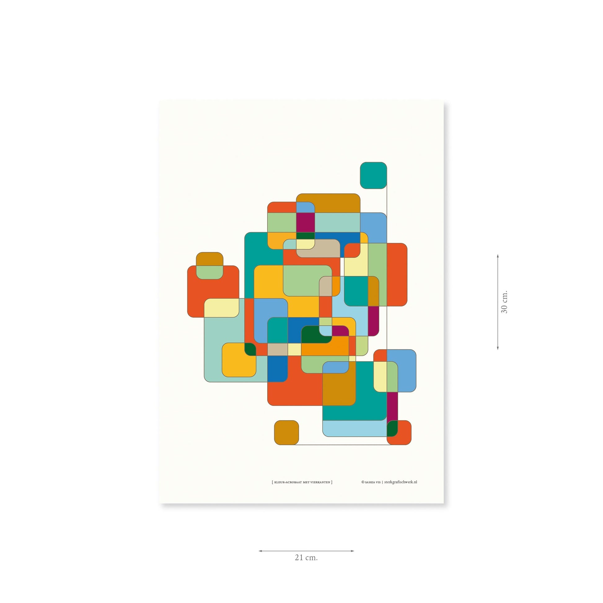 Productafbeelding poster "kleur-acrobaat met vierkanten" met aanduiding van het formaat erop weergegeven 21 x 30 cm