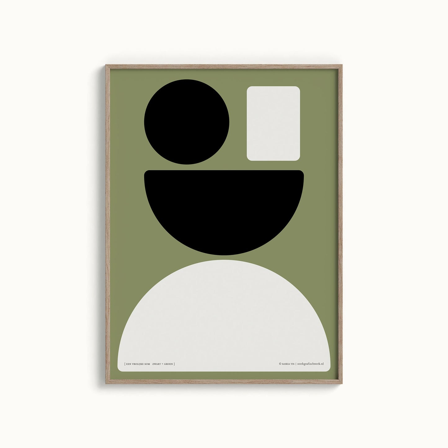 Productafbeelding poster "een vrolijke som zwart+groen" 3de impressie foto ingelijst hangend aan een wand