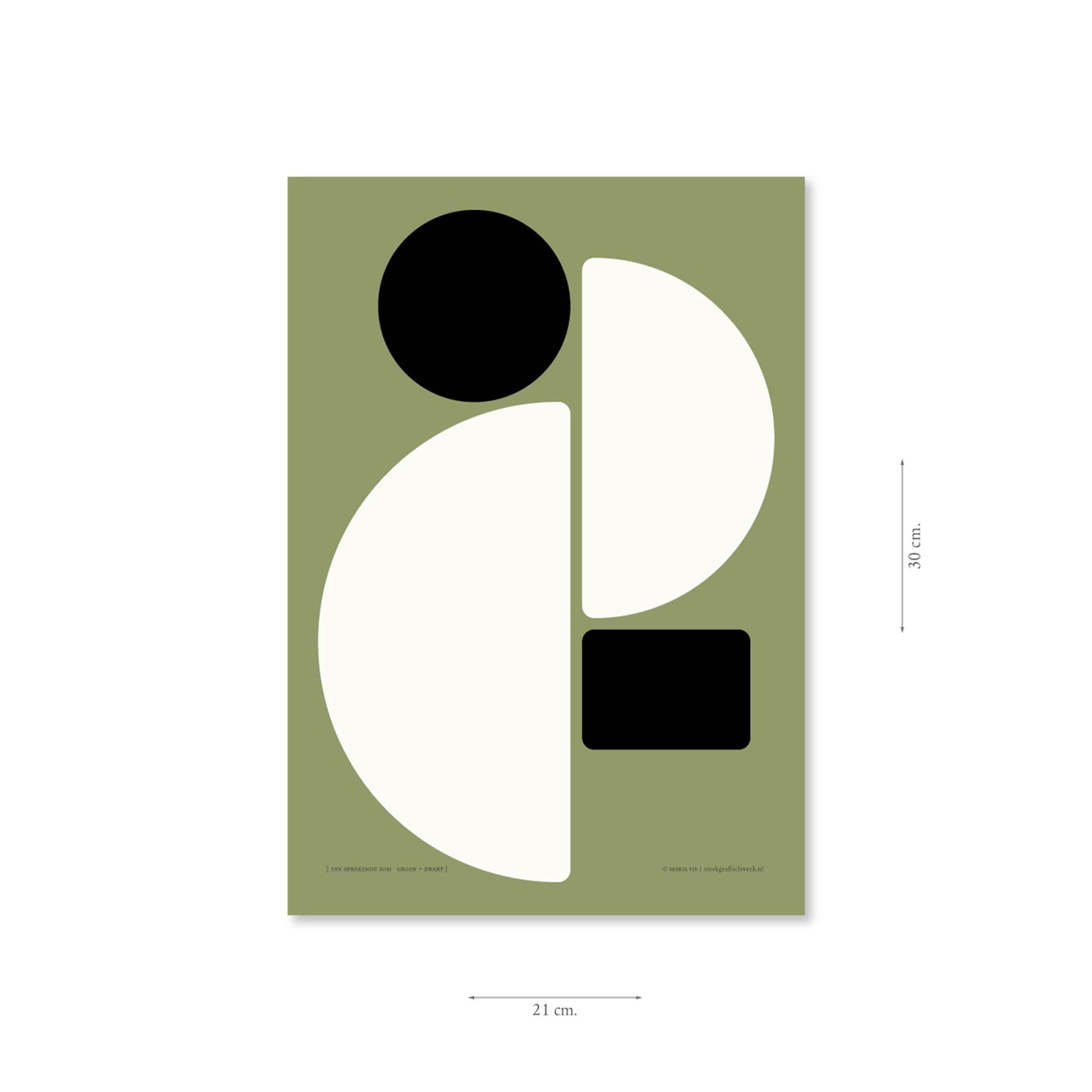 Productafbeelding poster "een sprekende som groen+zwart" met aanduiding van het formaat erop weergegeven 21 x 30 cm