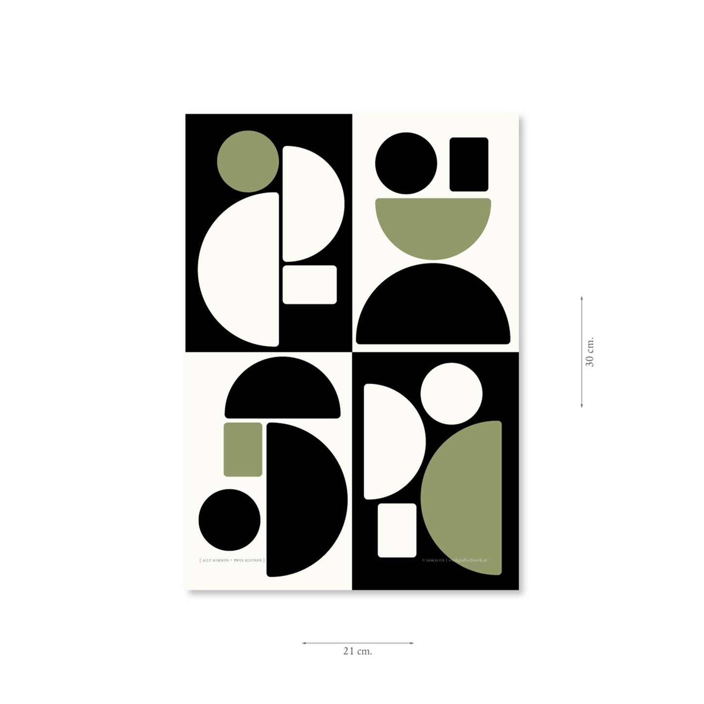 Productafbeelding poster "alle sommen + twee kleuren" met aanduiding van het formaat erop weergegeven 21 x 30 cm