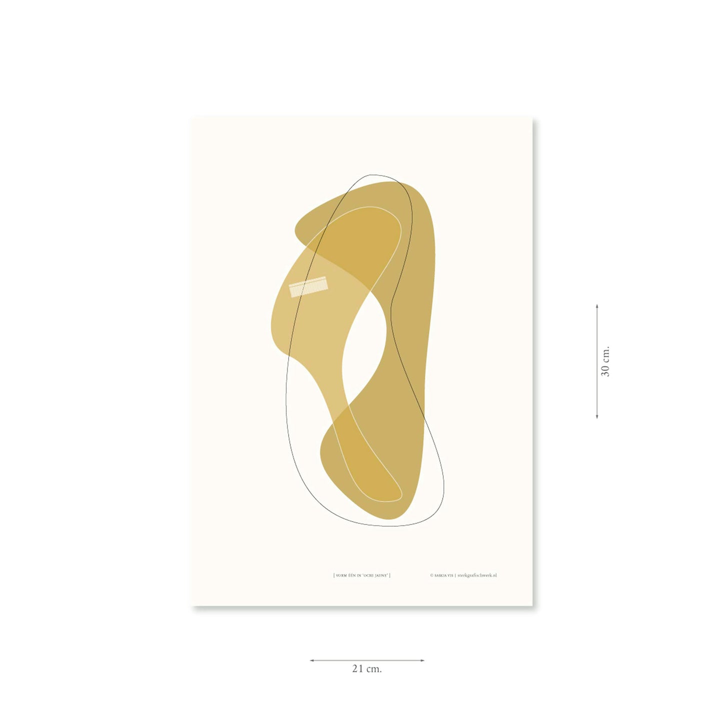 Productafbeelding poster "vorm één in ocre jaune" met aanduiding van het formaat erop weergegeven 21 x 30 cm