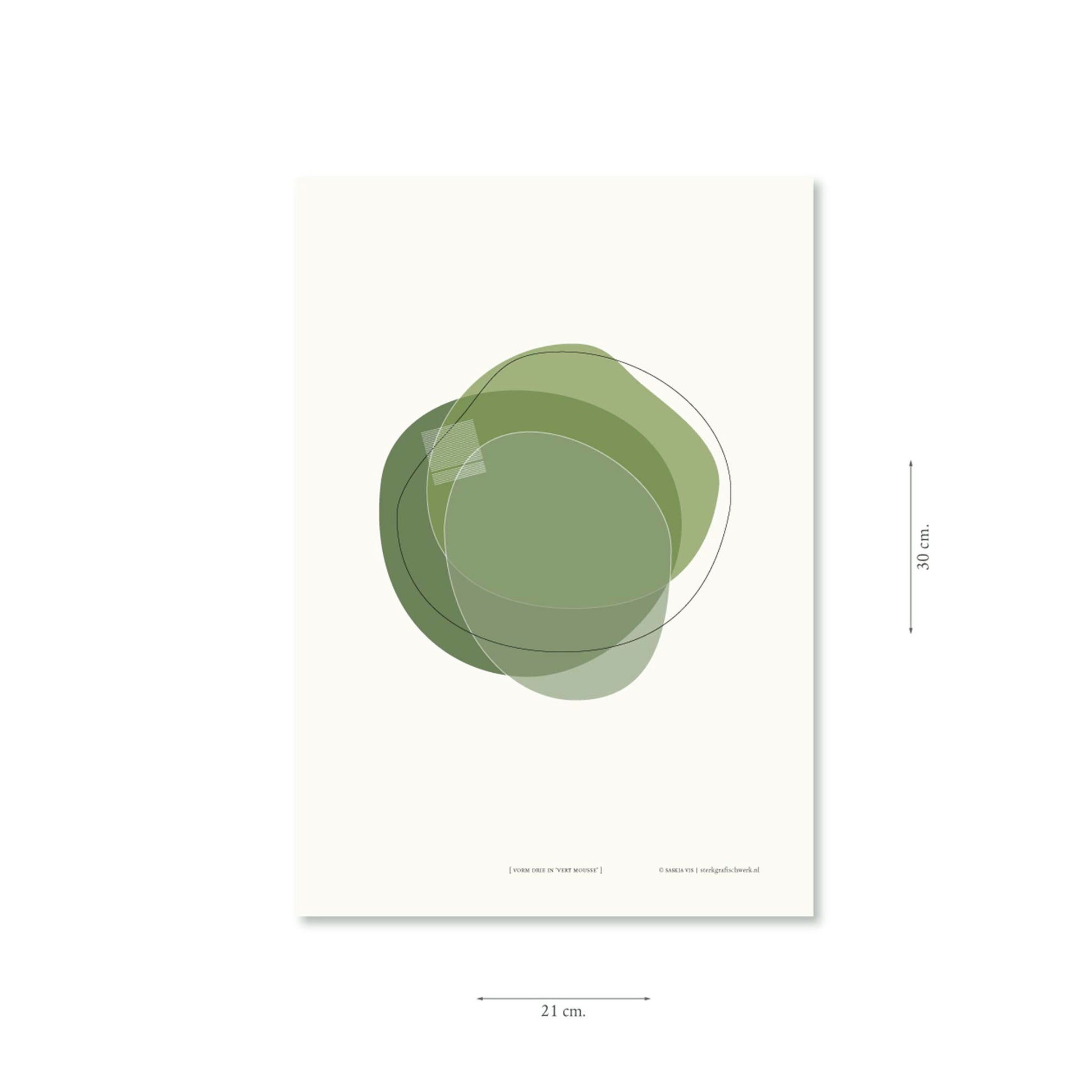 Productafbeelding, poster "vorm drie in vert mousse", met aanduiding van het formaat erop weergegeven 21 x 30 cm