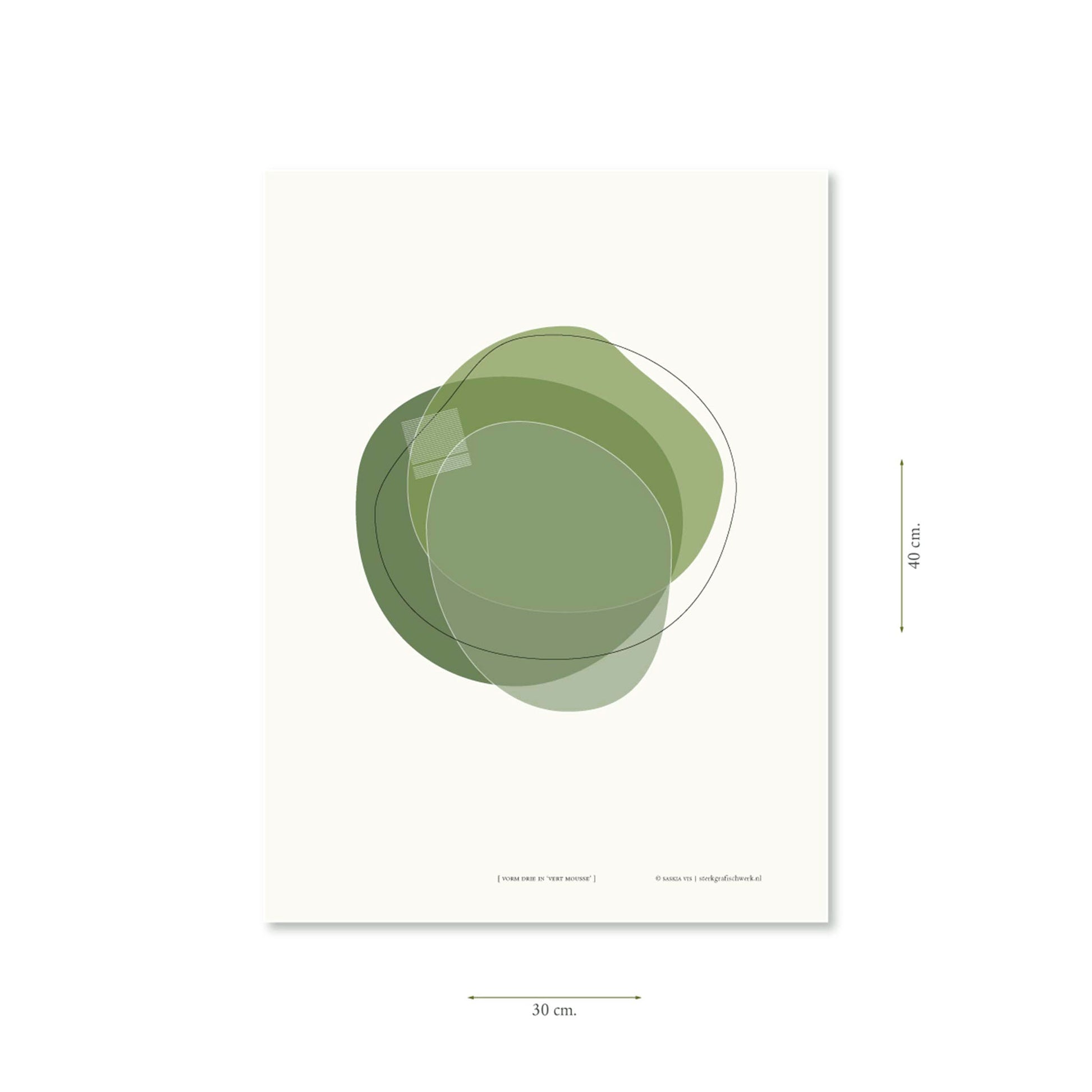 Productafbeelding poster "vorm drie in vert mousse" met aanduiding van het formaat erop weergegeven 30 x 40 cm