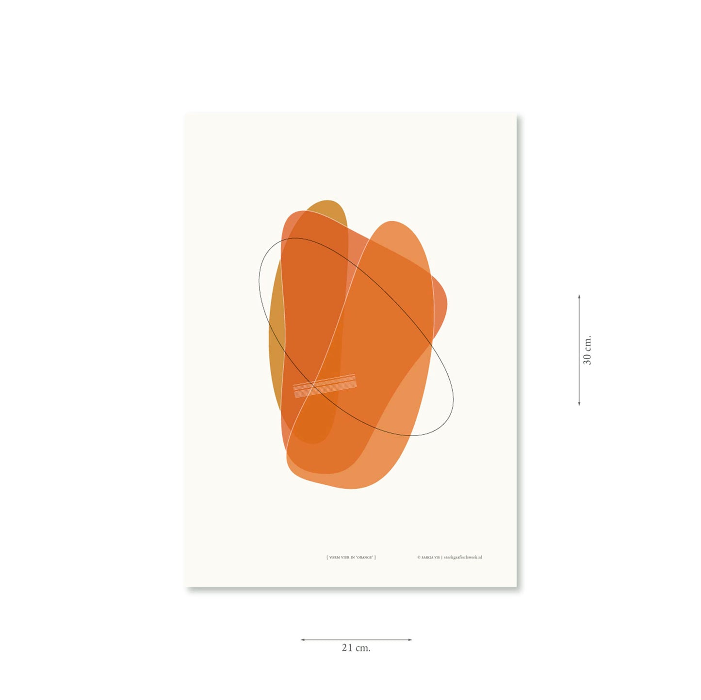 Productafbeelding poster "vorm vier in orange" met aanduiding van het formaat erop weergegeven 21 x 30 cm