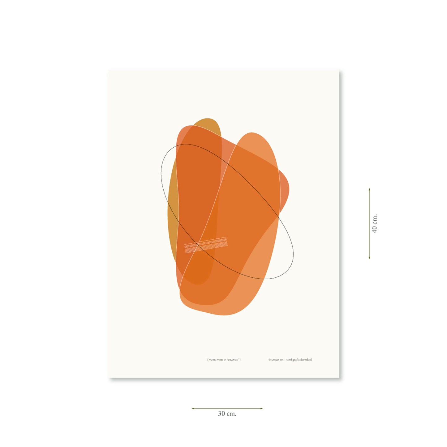 Productafbeelding poster "vorm vier in orange" met aanduiding van het formaat erop weergegeven 30 x 40 cm