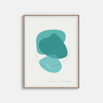 Productafbeelding poster "vorm zes in turquoise" 2de impressie ingelijst en hangend aan een witte muur
