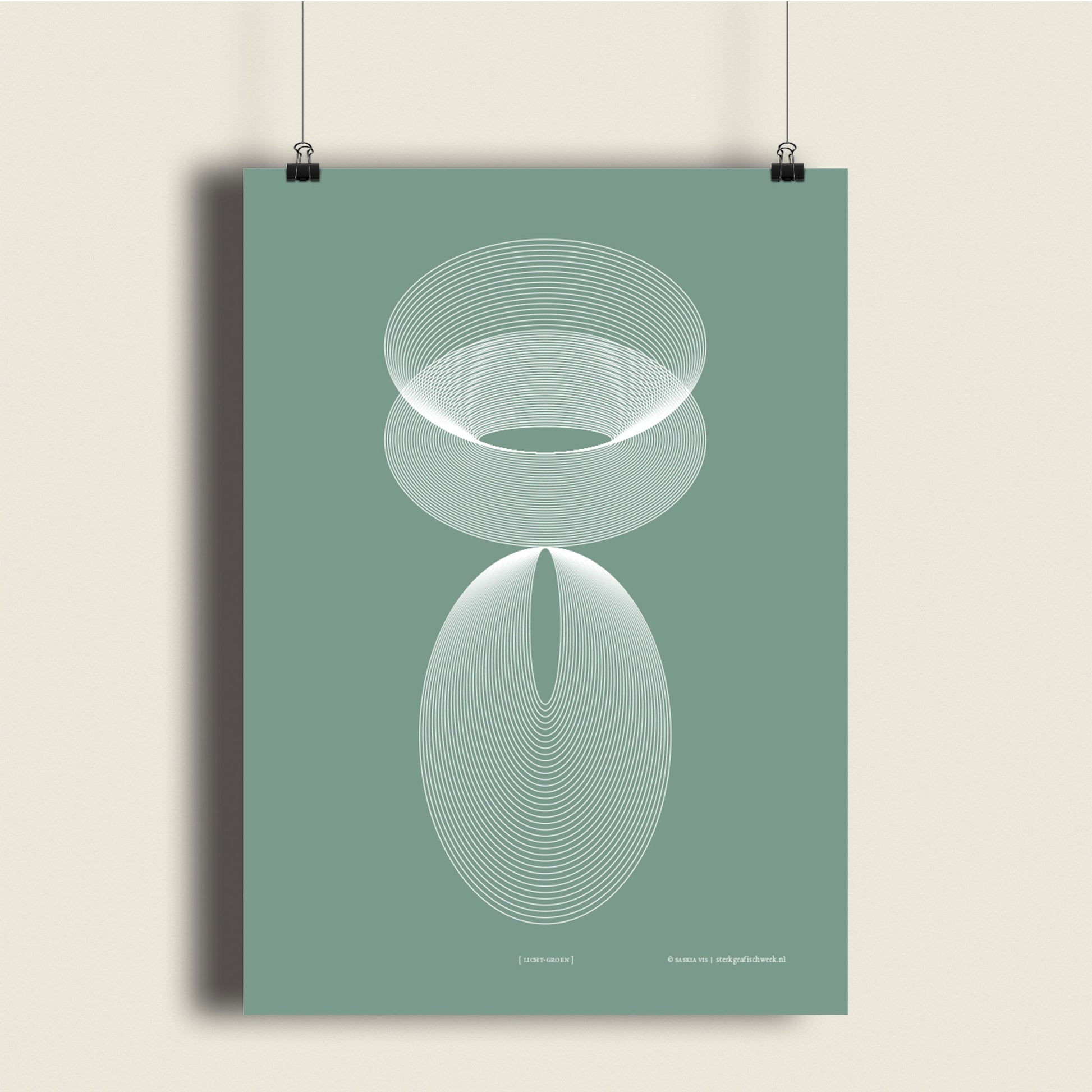 Productafbeelding poster "licht-groen" hangend aan een creme kleurige wand, een overzicht foto