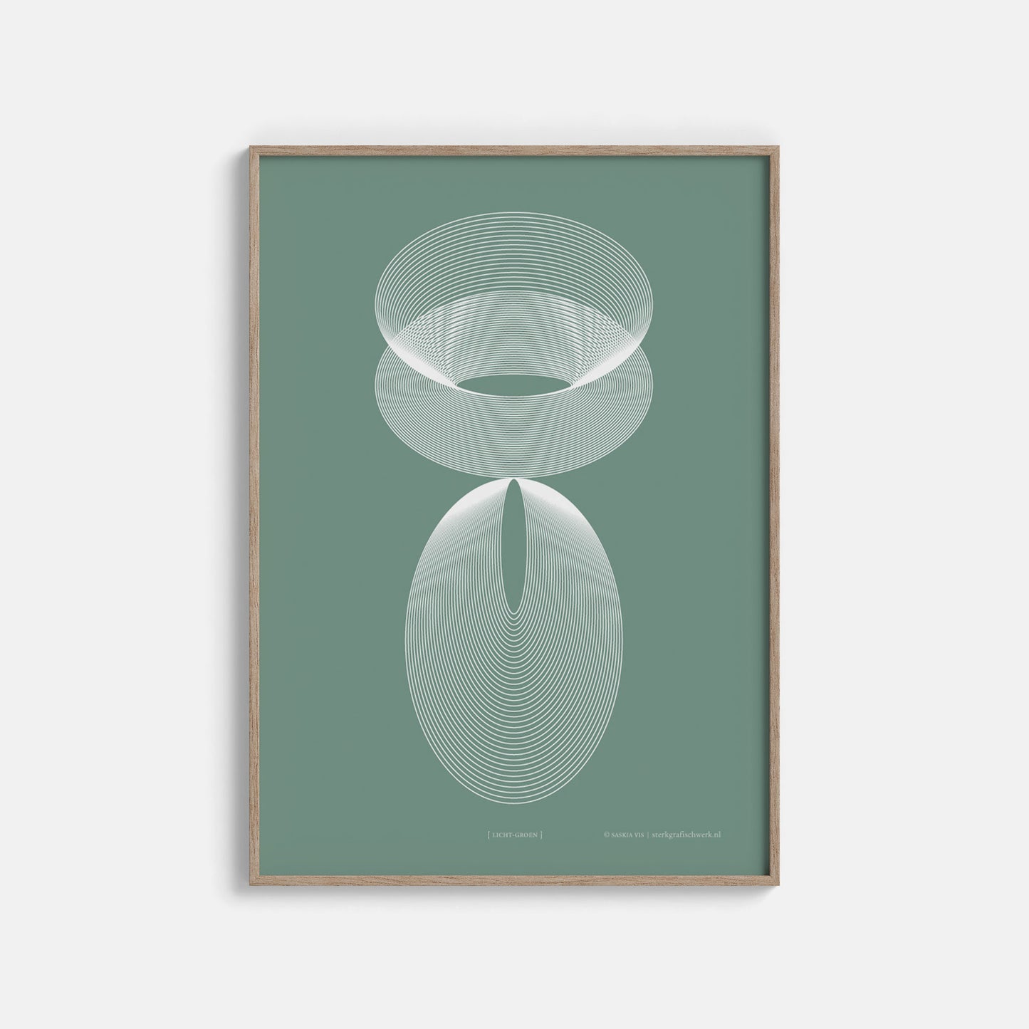 Productafbeelding poster "licht-groen" ingelijst hangend aan een witte wand, een overzicht foto 