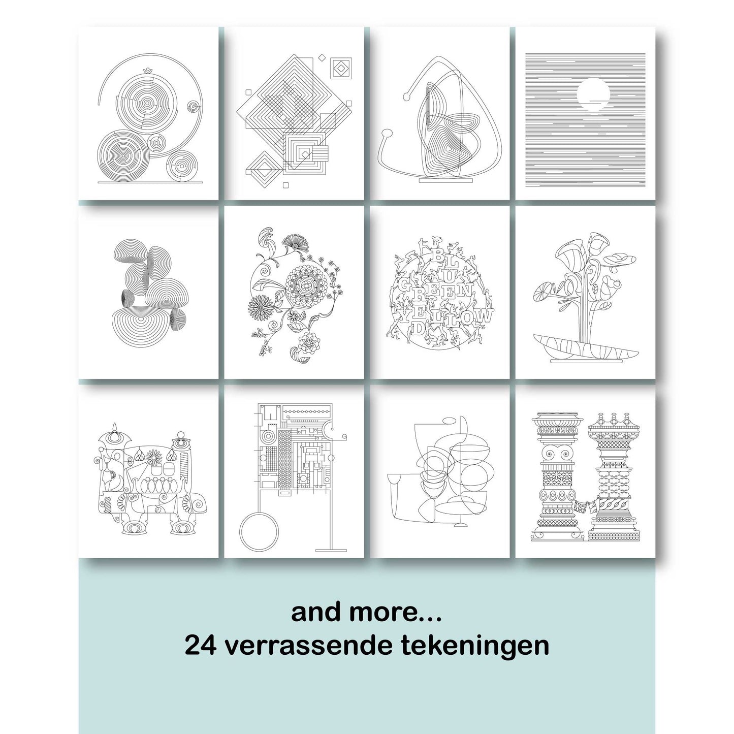 Een visualisatie (impressie) van wat pagina's inhoud uit het "(modern dutch) coloring book" nr.1