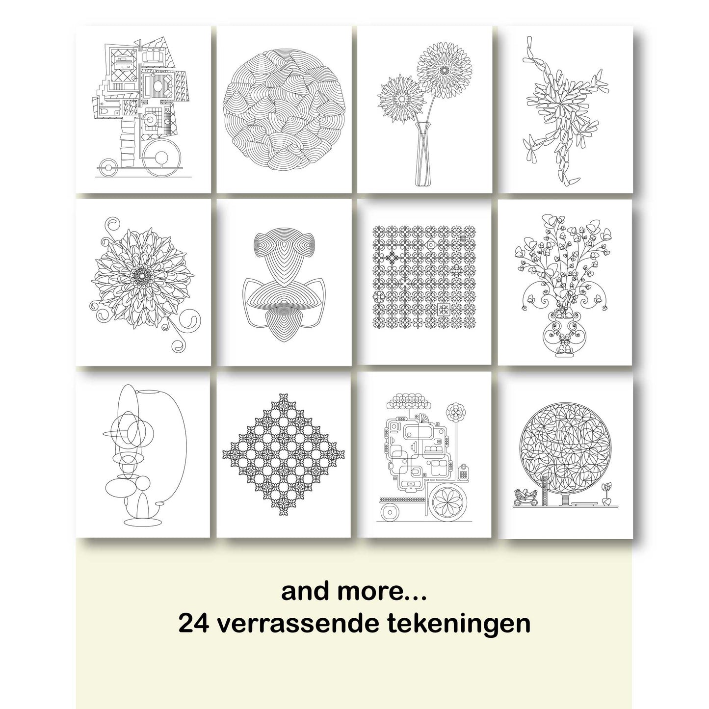 Een visualisatie (impressie) van wat pagina's inhoud uit "modern dutch coloring book" nr.2